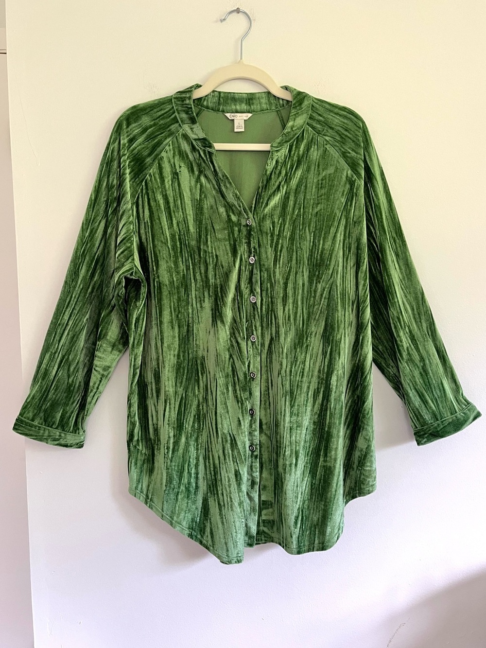 Cato Moss Green Crushed Velvet Button Down Boho Blouse Top Casual Luxury Size L